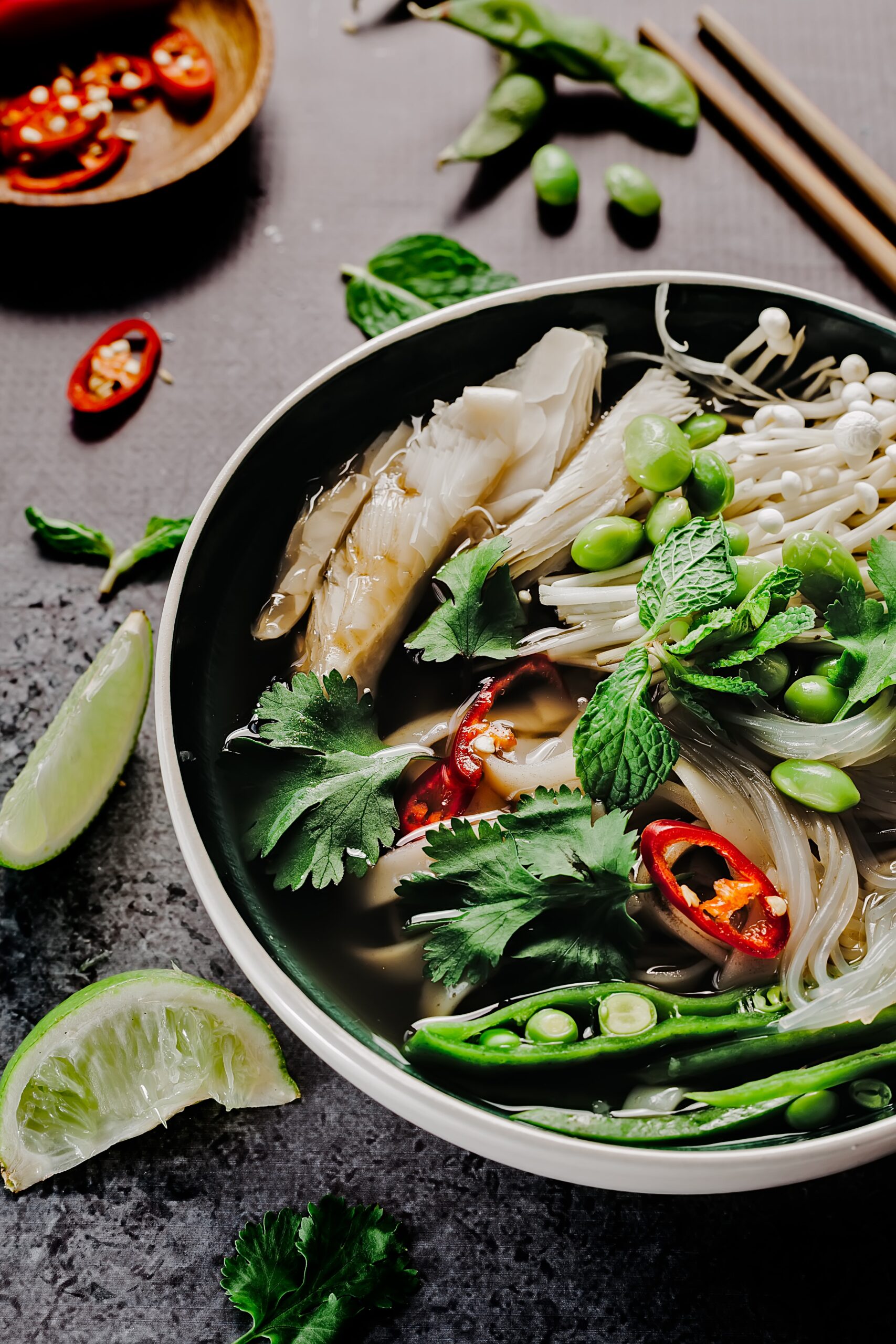 Healthy asian soup bowl, with green vegetables