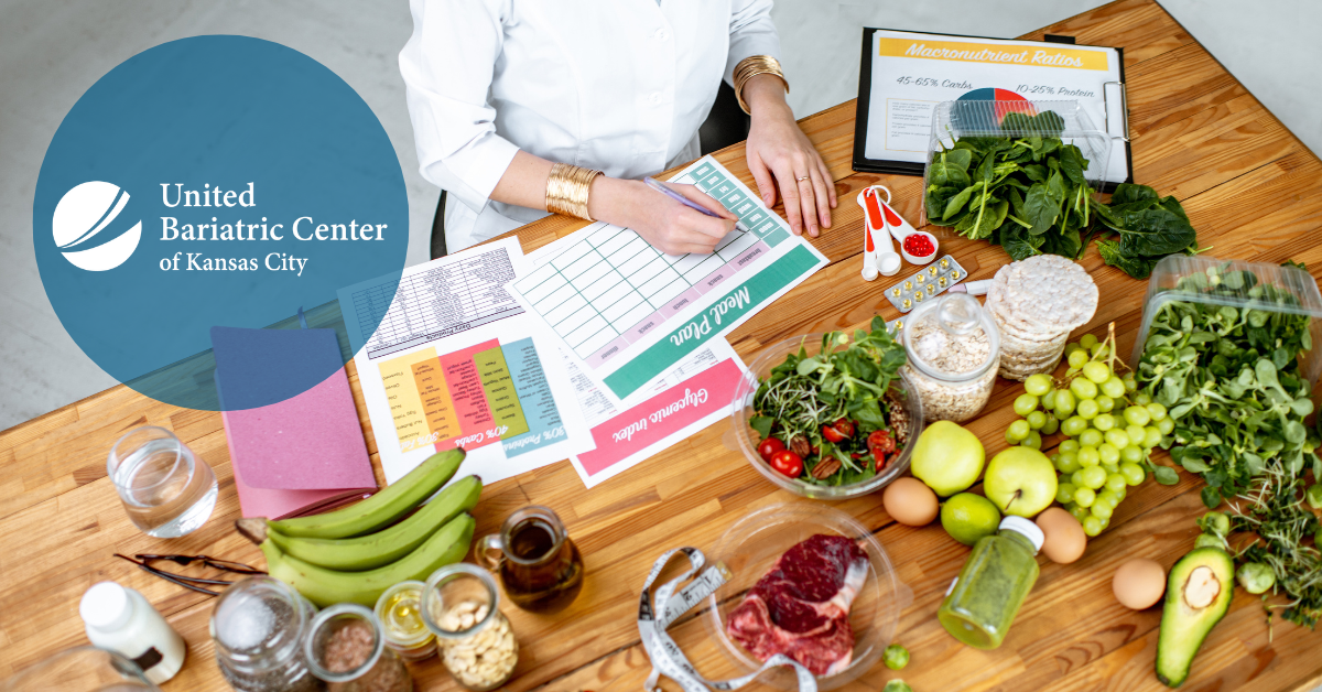 Planning out a diet post-bariatric surgery, with whole foods on table